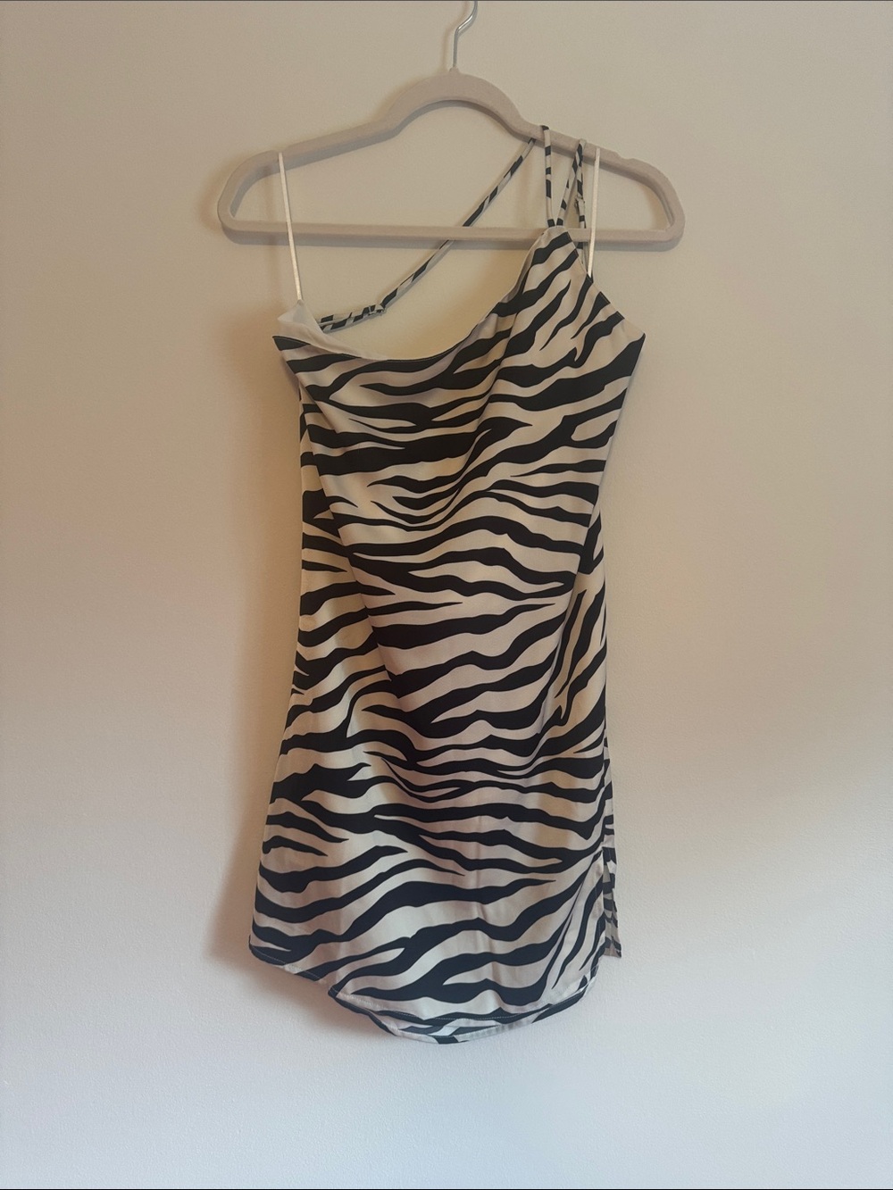 Sky to Moon One-Shoulder Zebra-Print Satin Slip Dress in Black and White